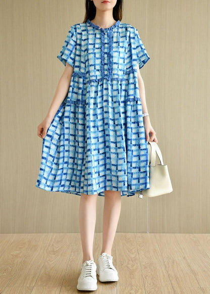 Unique Blue Plaid O-neck a Line Summer Chiffon Dress Short Sleeve