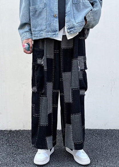 Unique Blue Plaid Pockets Patchwork Denim Wide Leg Pants Spring