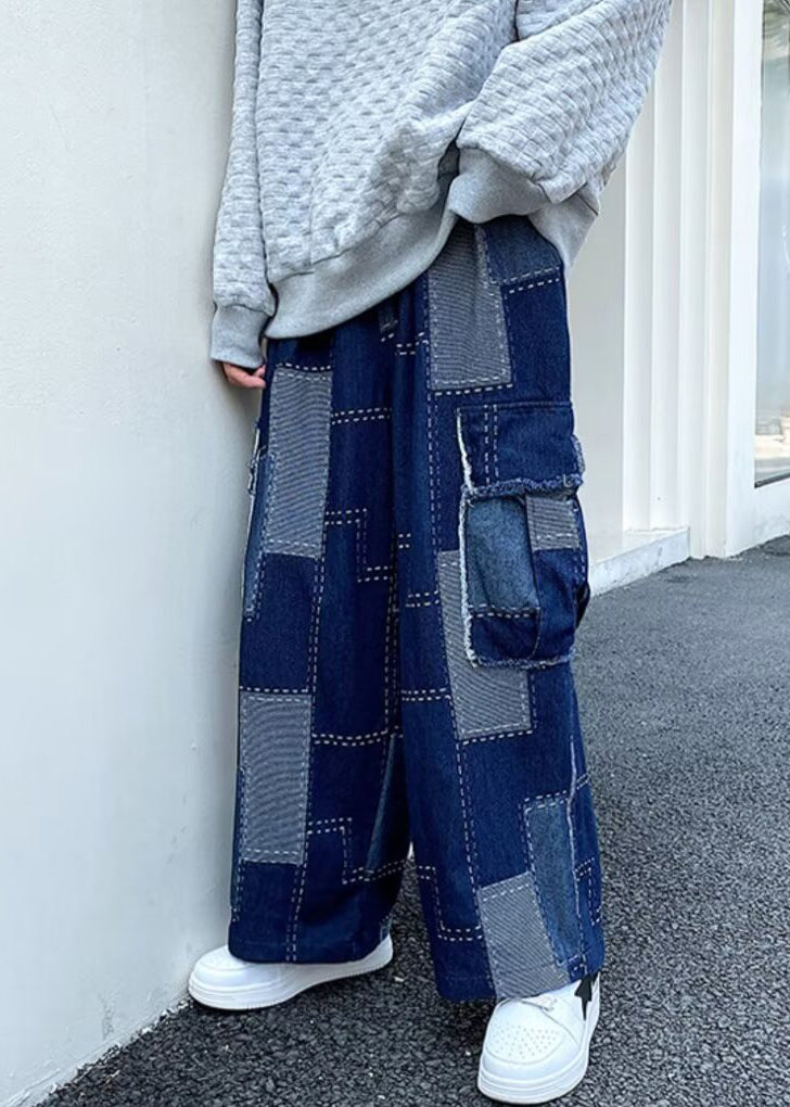 Unique Blue Plaid Pockets Patchwork Denim Wide Leg Pants Spring