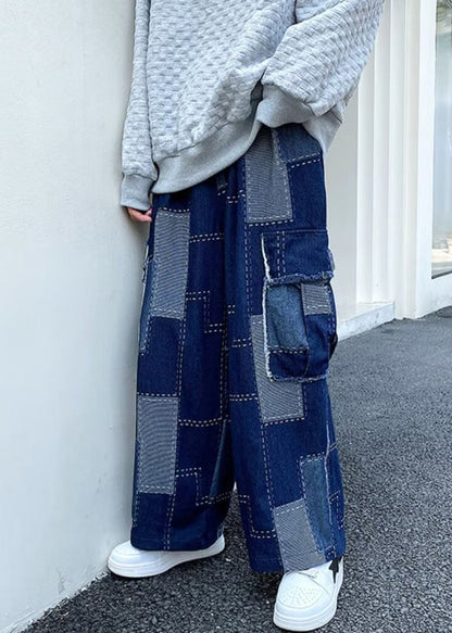 Unique Blue Plaid Pockets Patchwork Denim Wide Leg Pants Spring