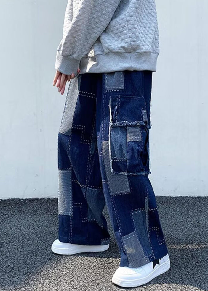 Unique Blue Plaid Pockets Patchwork Denim Wide Leg Pants Spring