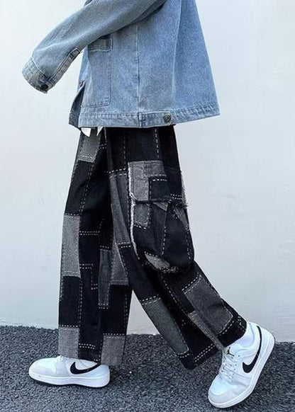 Unique Blue Plaid Pockets Patchwork Denim Wide Leg Pants Spring