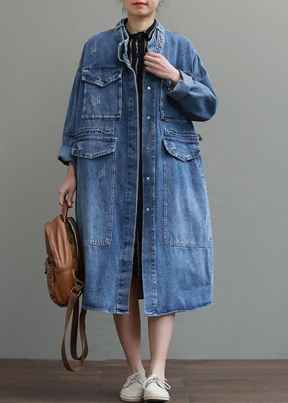 Unique Blue Pockets Button Loose Fall Denim Long Sleeve Coats Trench Coats