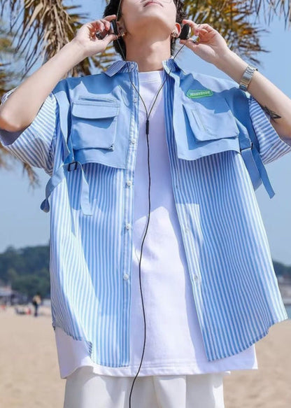 Unique Blue Pockets False Two Pieces Cotton Shirt Half Sleeve