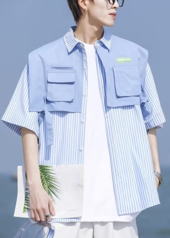 Unique Blue Pockets False Two Pieces Cotton Shirt Half Sleeve