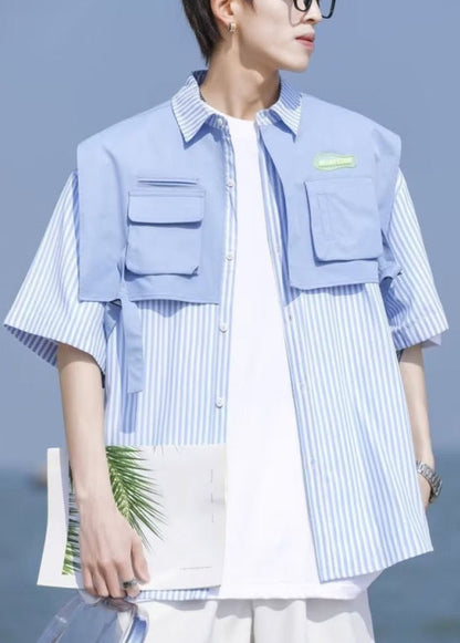 Unique Blue Pockets False Two Pieces Cotton Shirt Half Sleeve