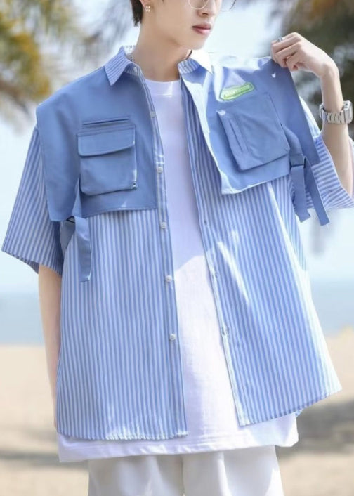 Unique Blue Pockets False Two Pieces Cotton Shirt Half Sleeve
