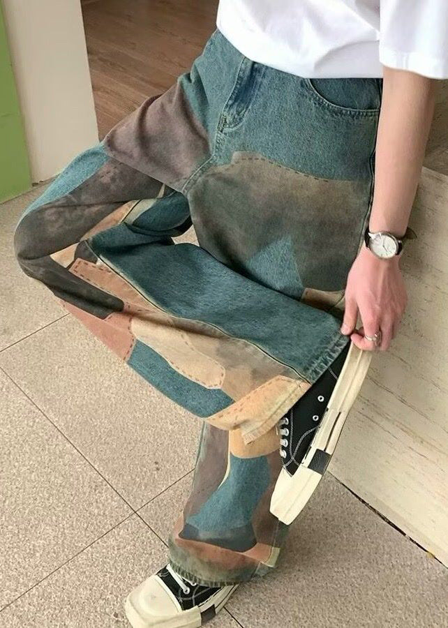 Unique Blue Print Pockets High Waist Denim Wide Leg Pants Summer