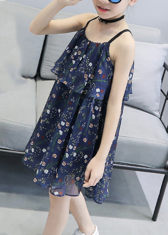 Unique Blue Print Wrinkled Chiffon Slip Mid Sundress Sleeveless