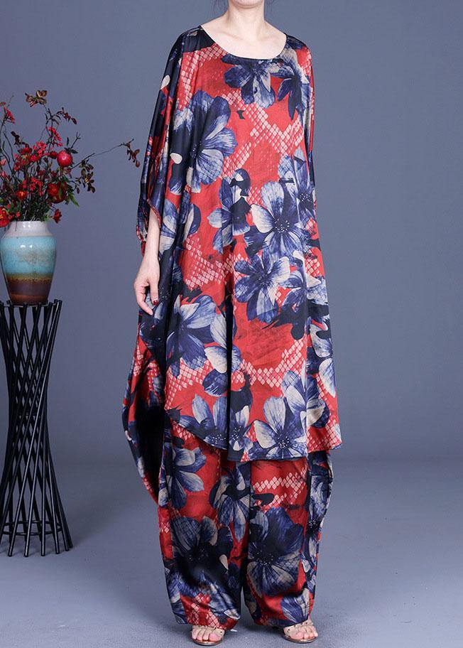 Unique Blue Print Low High Design Silk Wide Leg Two Pieces Set