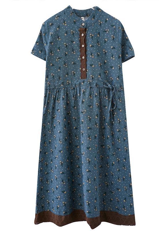 Unique Blue Print Tie Waist Long Summer Cotton Dress