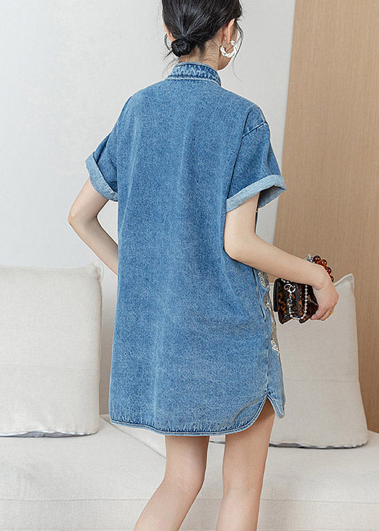 Unique Blue Stand Collar Embroideried Side Open Button Cotton Denim Mid Dress Short Sleeve