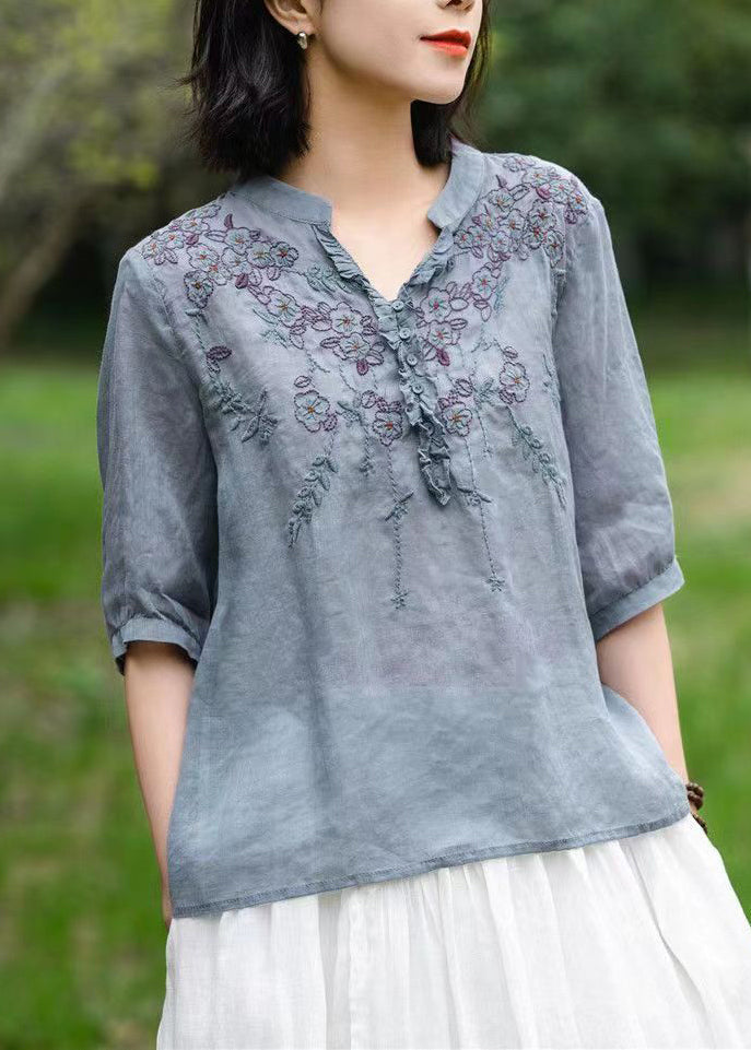 Unique Brown V Neck Embroidered Linen T Shirts Half Sleeve