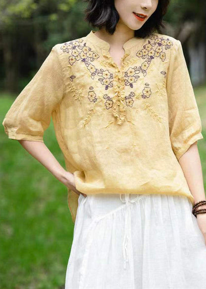 Unique Green Cashew V Neck Embroidered Linen T Shirts Half Sleeve