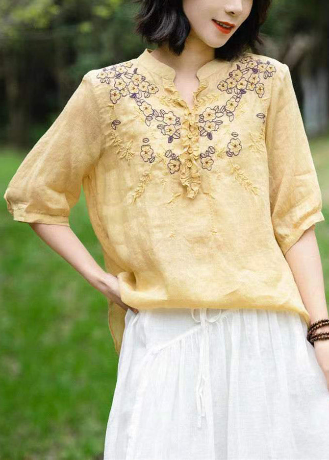 Unique Brown V Neck Embroidered Linen T Shirts Half Sleeve