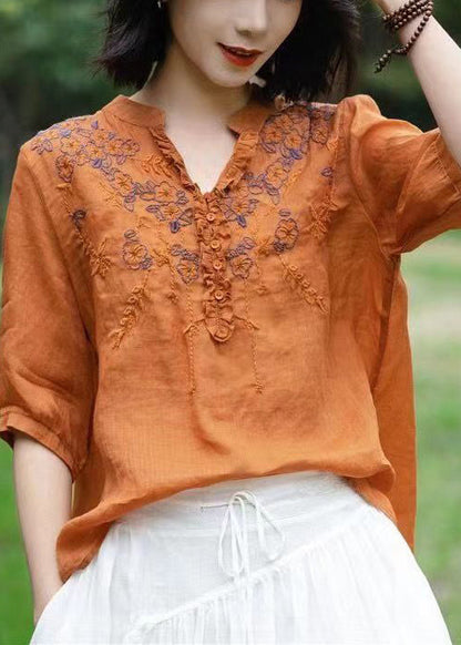 Unique Green Cashew V Neck Embroidered Linen T Shirts Half Sleeve