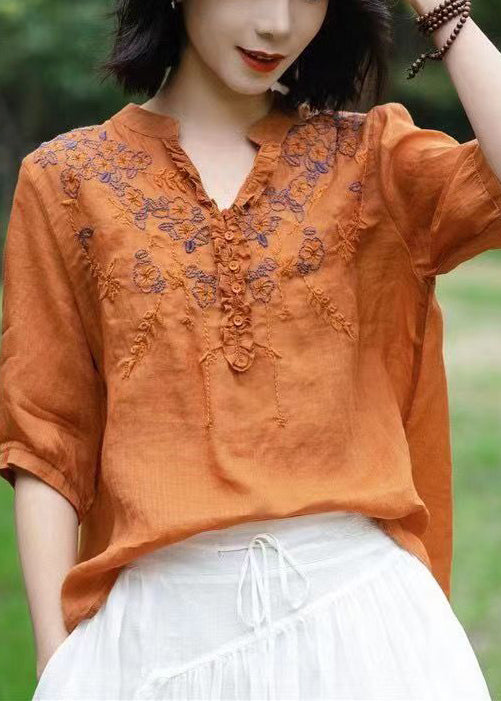 Unique Blue Geometry V Neck Embroidered Linen T Shirts Half Sleeve