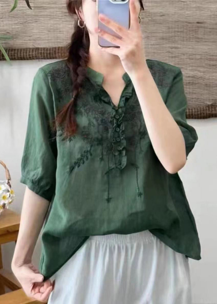 Unique Green Cashew V Neck Embroidered Linen T Shirts Half Sleeve