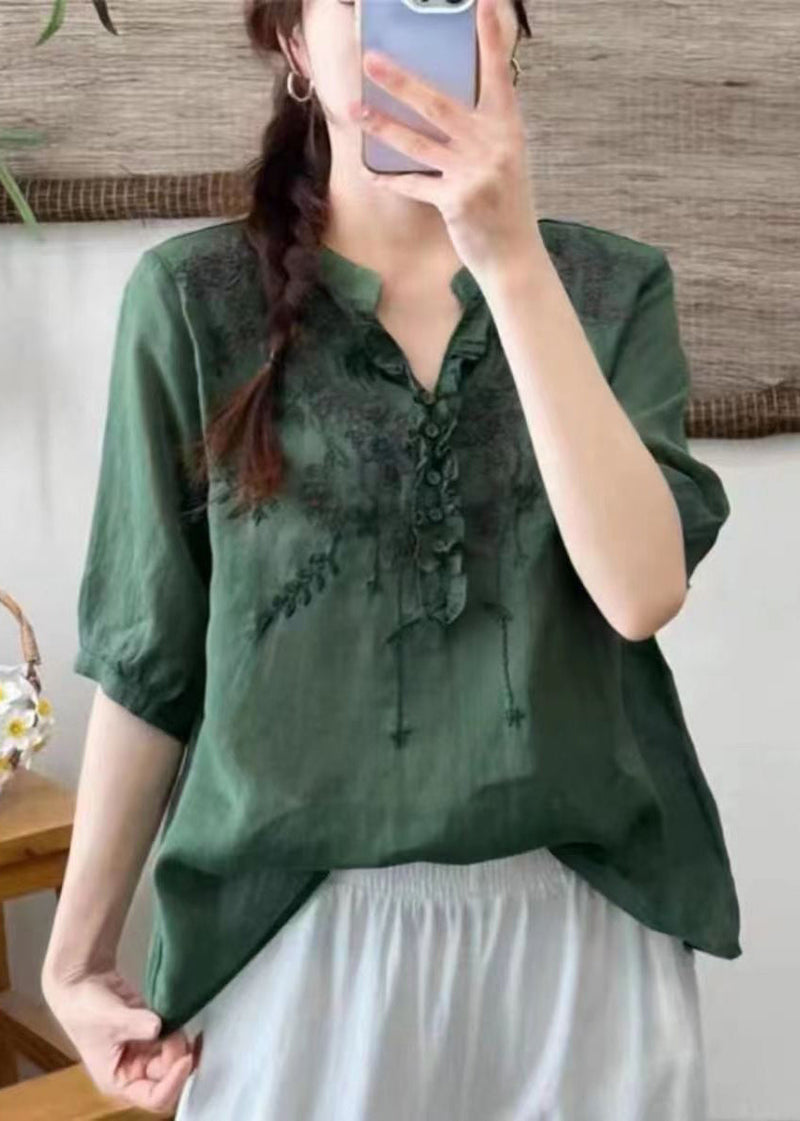 Unique Gray Texture V Neck Embroidered Linen T Shirts Half Sleeve