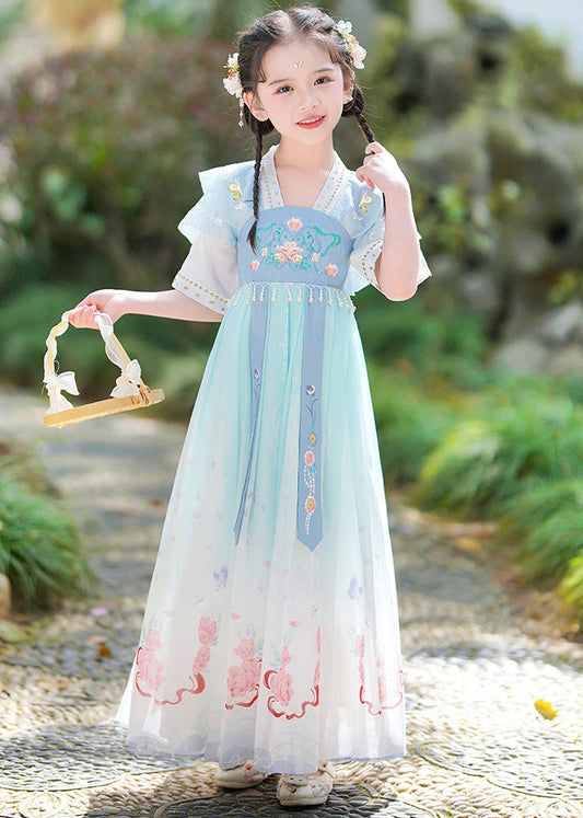Unique Blue V Neck Embroideried Tassel Kids Maxi Dresses Short Sleeve