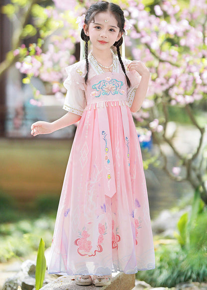 Unique Blue V Neck Embroideried Tassel Kids Maxi Dresses Short Sleeve