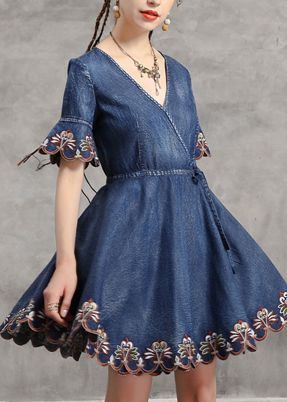 Unique Blue Tie Waist V Neck Embroideried Cotton Denim Dress Flare Sleeve