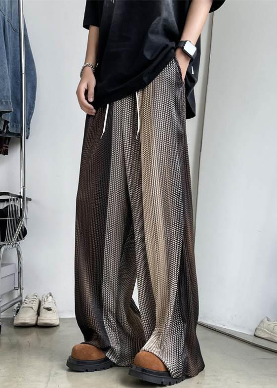 Unique Brown Elastic Waist Patchwork Ice Silk Wide Leg Pants Summer