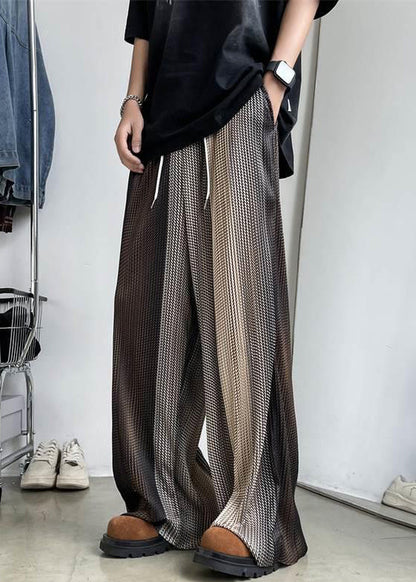 Unique Brown Elastic Waist Patchwork Ice Silk Wide Leg Pants Summer