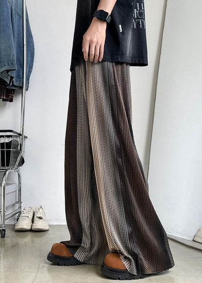 Unique Brown Elastic Waist Patchwork Ice Silk Wide Leg Pants Summer