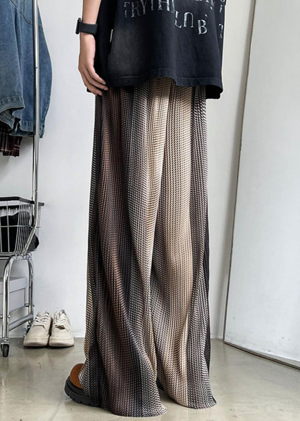 Unique Brown Elastic Waist Patchwork Ice Silk Wide Leg Pants Summer