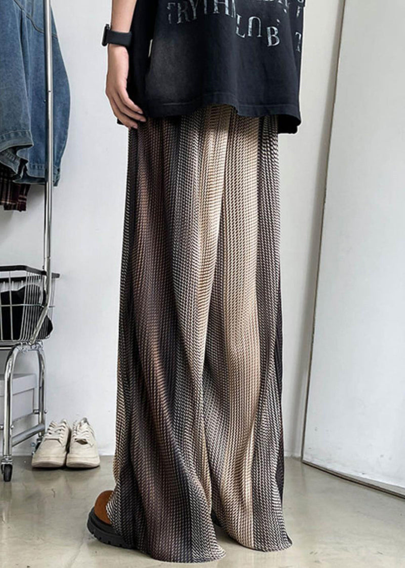 Unique Brown Elastic Waist Patchwork Ice Silk Wide Leg Pants Summer