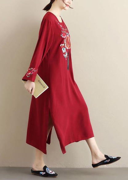 Unique Burgundy Embroidery Tunic Pattern O Neck Tassel Spring Dress