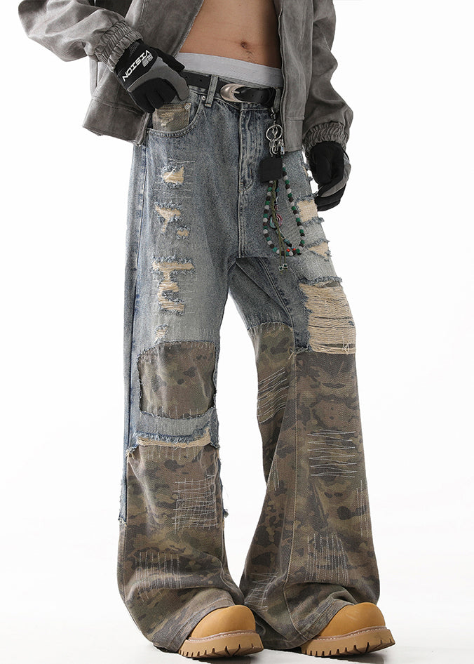 Unique Camouflage Hole High Waist Patchwork Denim Straight Pants Fall