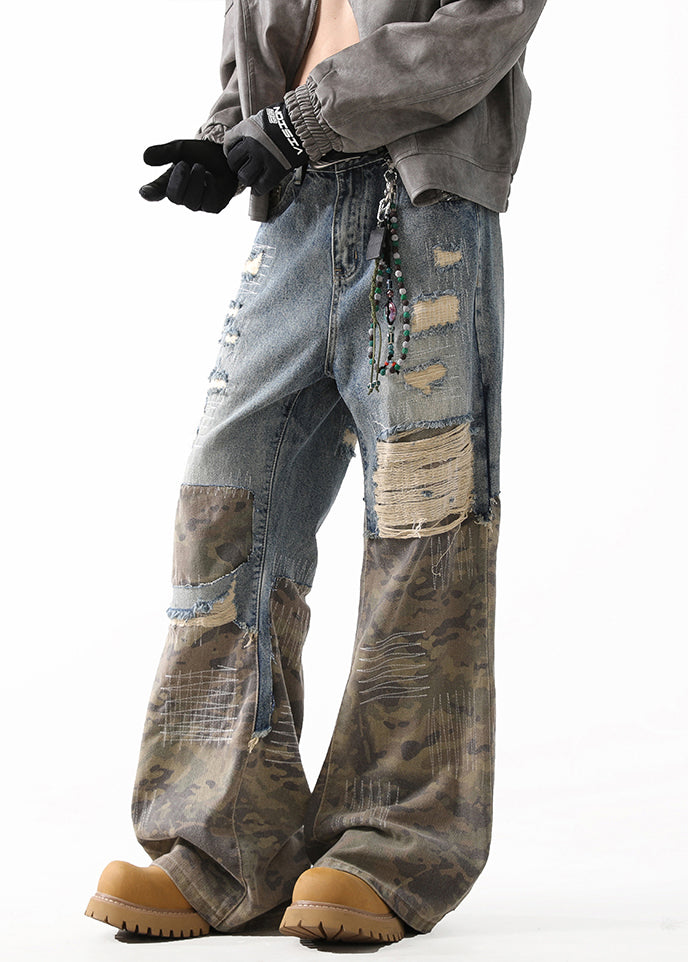 Unique Camouflage Hole High Waist Patchwork Denim Straight Pants Fall