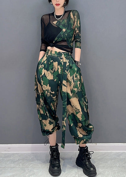 Unique Camouflage Print Tulle Patchwork Top and Pants Two Pieces Set Spring