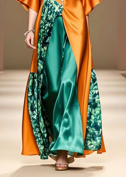 Unique Caramel Asymmetrical Patchwork Silk Long Dress Summer