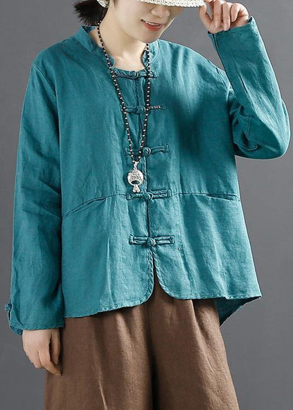 Unique Chinese Button Tops Women Sleeve Blue Blouse
