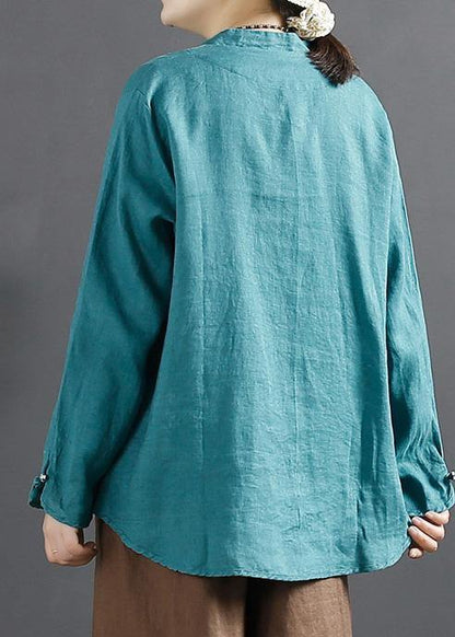Unique Chinese Button Tops Women Sleeve Blue Blouse