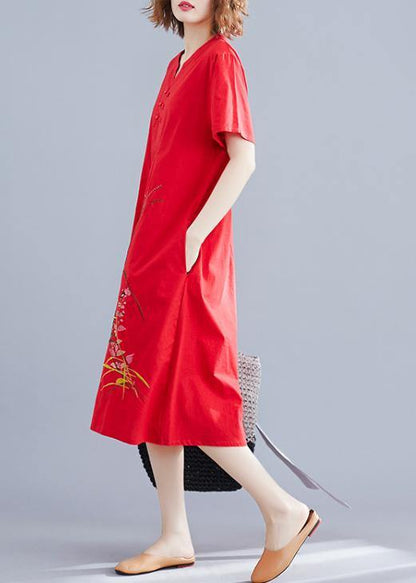 Unique Chinese Button Cotton Clothes Design Red Embroidery Dresses Summer