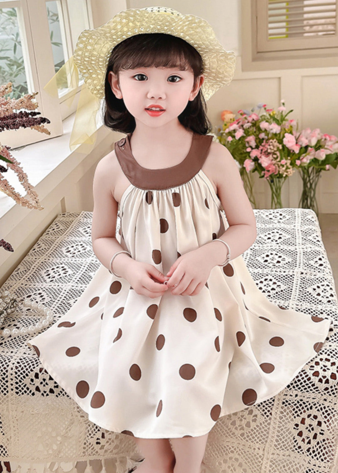 Unique Coffee O-neck Dot Print Wrinkled Kids Chiffon Strap Dress Summer