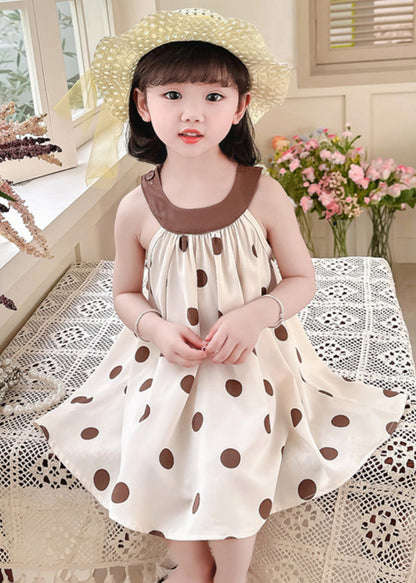 Unique Coffee O-neck Dot Print Wrinkled Kids Chiffon Strap Dress Summer