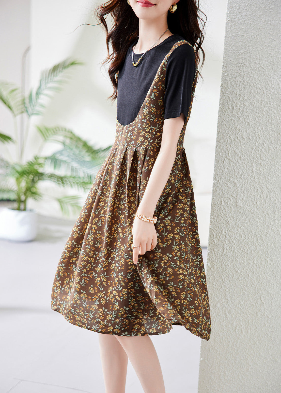 Unique Coffee O-neck Patchwork Chiffon Long Dress Summer