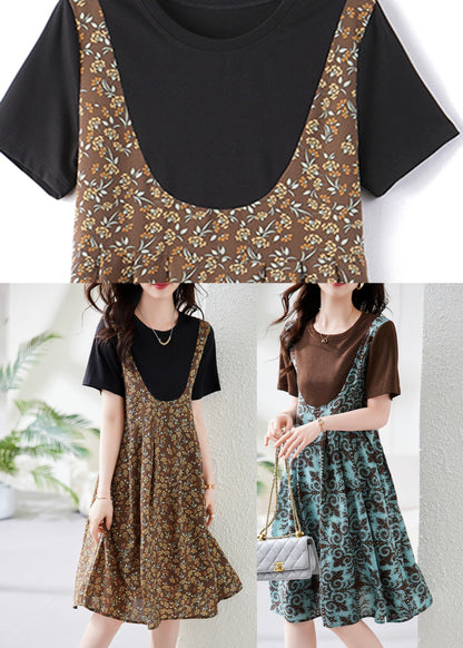 Unique Coffee O-neck Patchwork Chiffon Long Dress Summer