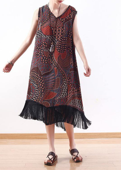 Unique Chocolate Print Chiffon V Neck Party Dress