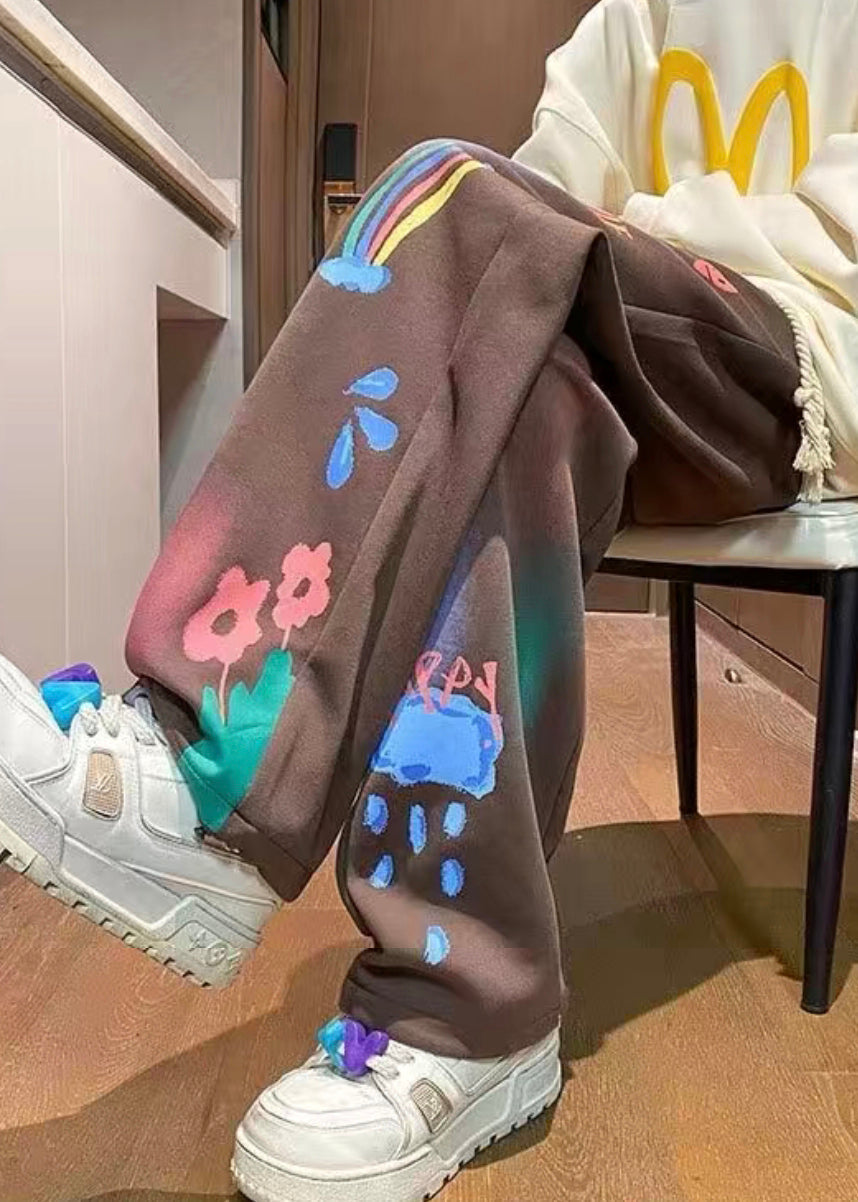 Unique Coffee Print Elastic Waist Cotton Pants Spring