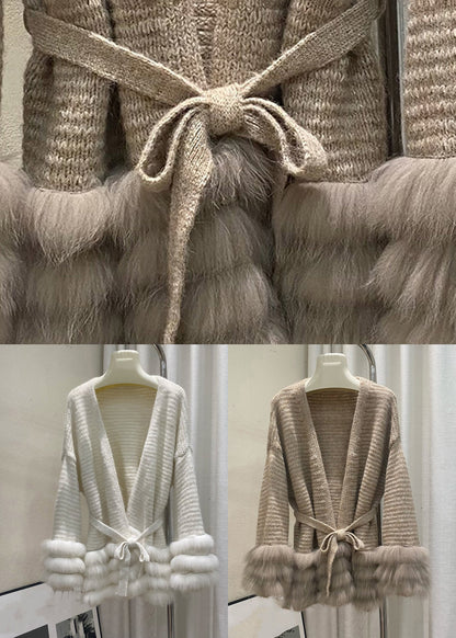 Unique Coffee V Neck Fox Patchwork Cotton Knit Cardigans Spring