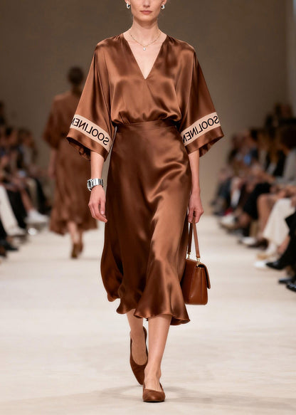 Unique Coffee V Neck Tunic Silk Maxi Dress Spring