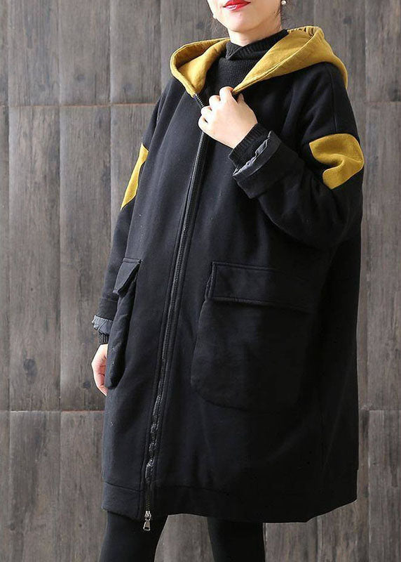 Unique Chocolate Hooded Zippered Pockets Patchwork Winter Cotton Thick Coats Long Sleeve