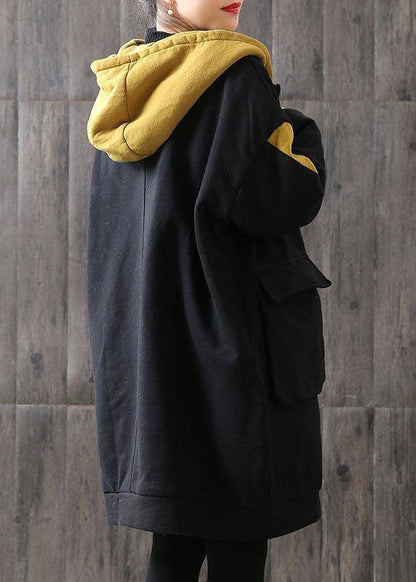 Unique Chocolate Hooded Zippered Pockets Patchwork Winter Cotton Thick Coats Long Sleeve