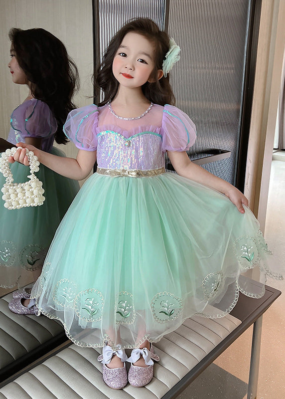 Unique Colorblock Embroideried Patchwork Tulle Kids Long Dresses Summer